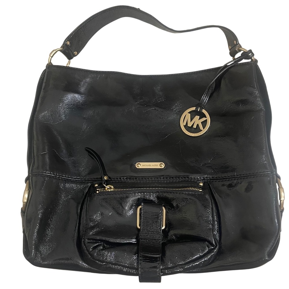 Michael Kors Black‎ Patent Leather Shoulder Bag Gold MK Charm Hobo Large EUC